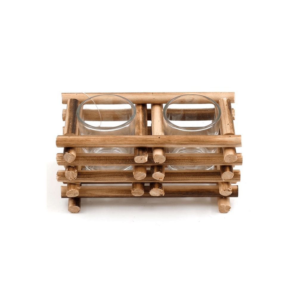 17cm Stacked Wood Double Tealight Holder - DuvetDay.co.uk