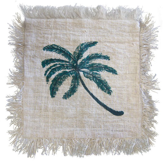 Linen Cushion 45x45cm Palm Tree with Fringe