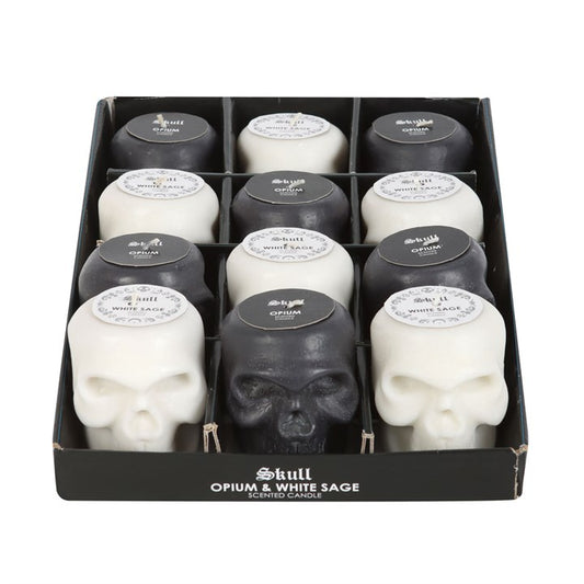 Set of 12 Opium & White Sage Skull Candles in Display