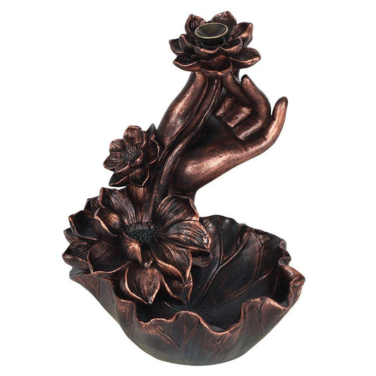 Bronze Effect Hand with Flower Backflow Incense Burner - DuvetDay.co.uk