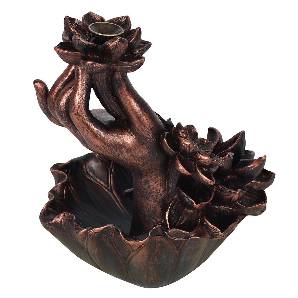 Bronze Effect Hand with Flower Backflow Incense Burner - DuvetDay.co.uk