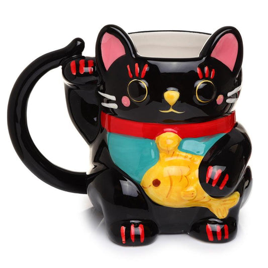 Ceramic Black Maneki Neko Lucky Cat Shaped Collectable Mug - DuvetDay.co.uk