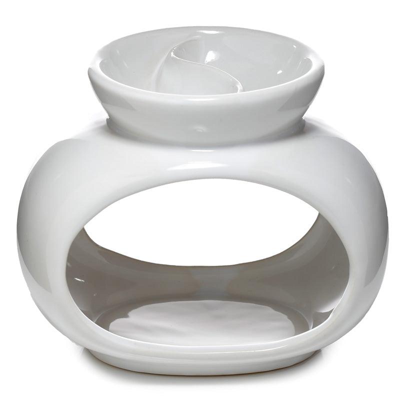 Ceramic Oval Double Dish and Tea Light Oil and Wax Burner - White - DuvetDay.co.uk