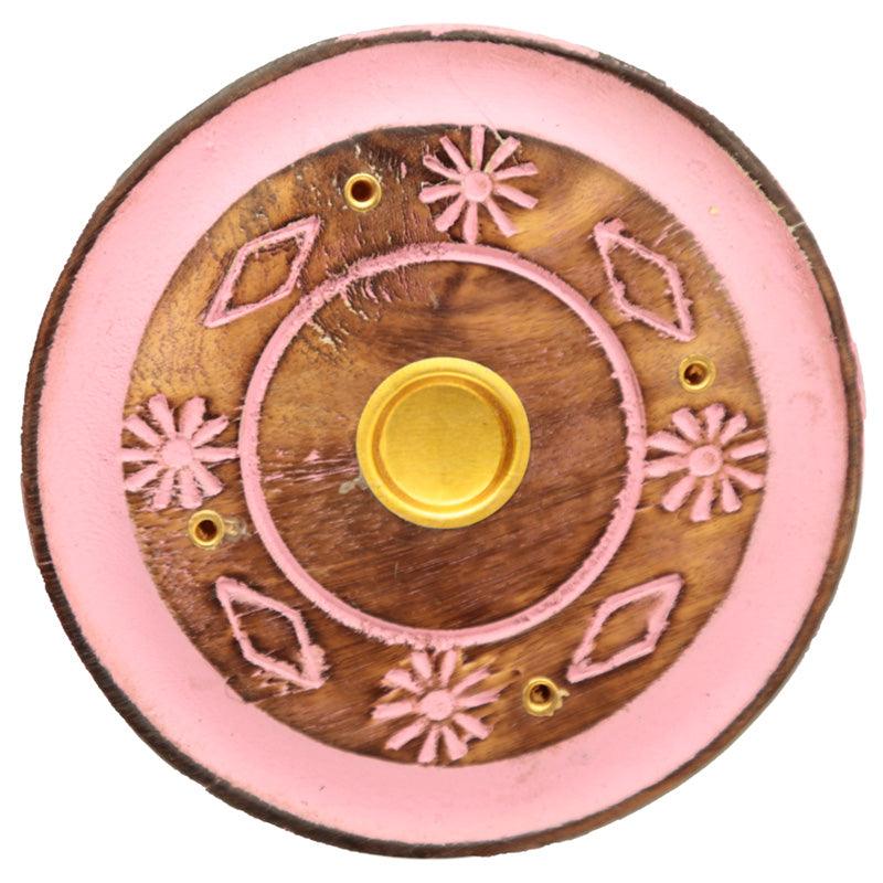 Decorative Round Painted Flower Wooden Incense Burner Ash Catcher - DuvetDay.co.uk