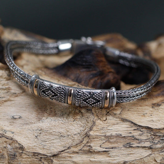 Handmade Bali Jewellery Silver & Gold Bracelet - Unisex Single Chain - DuvetDay.co.uk