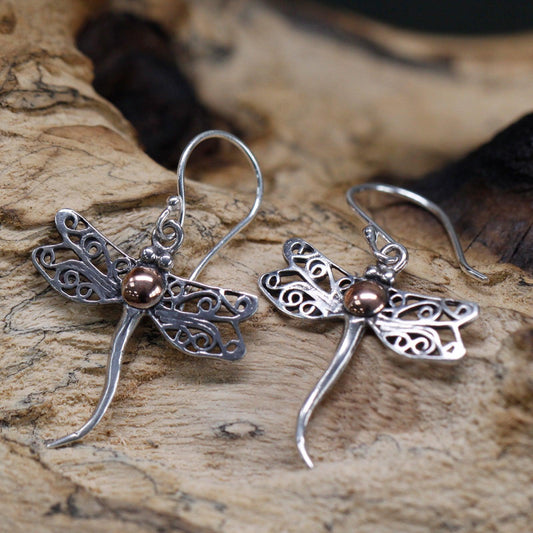 Handmade Bali Jewellery Silver & Gold Earring - Dragonflies - DuvetDay.co.uk