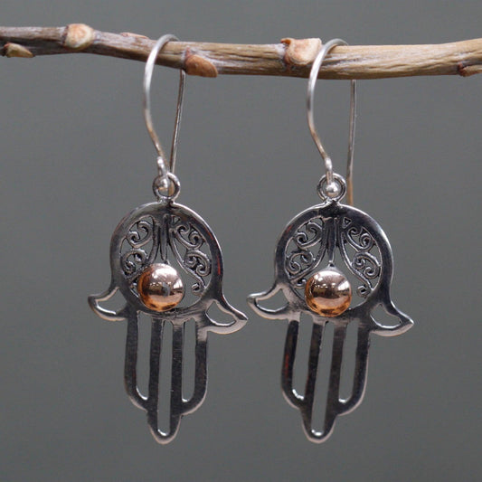 Handmade Bali Jewellery Silver & Gold Earring - Hamsa - DuvetDay.co.uk