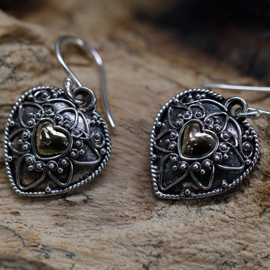 Handmade Bali Jewellery Silver & Gold Earring - Mandala Hearts - DuvetDay.co.uk