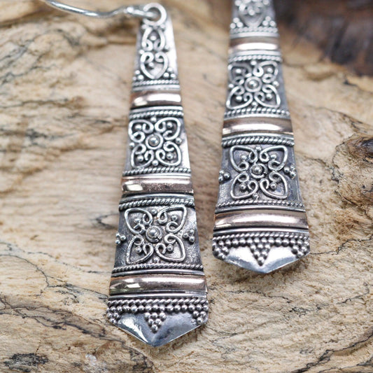 Handmade Bali Jewellery Silver & Gold Earring - Tribal Drops - DuvetDay.co.uk