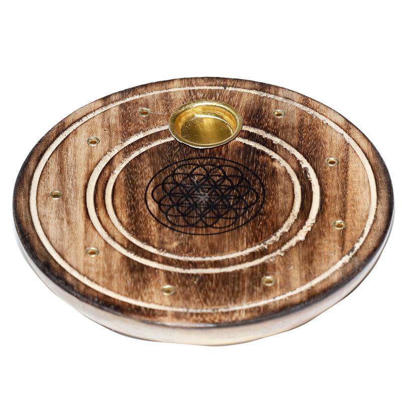 Mango Wood Round Flower of Life Ash Catcher Incense Sticks & Cones Burner - DuvetDay.co.uk