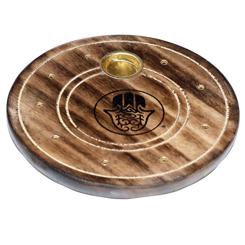 Mango Wood Round Hamsa Ash Catcher Incense Sticks & Cones Burner - DuvetDay.co.uk