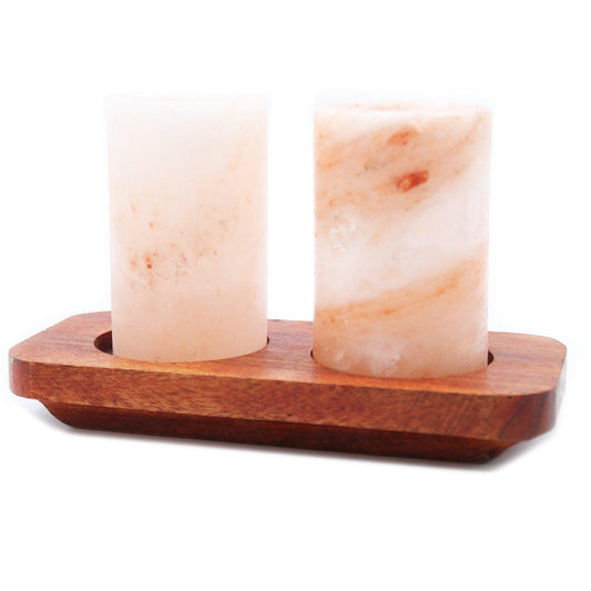 Set of 2 Himalayan Salt Shot Glasses & Wood Serving Stand - DuvetDay.co.uk