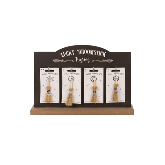 Set of 24 Lucky Broomstick Keyrings on Display - DuvetDay.co.uk