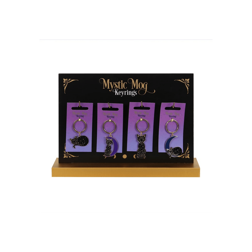 Set of 24 Mystic Mog Cat Keyrings on Display - DuvetDay.co.uk
