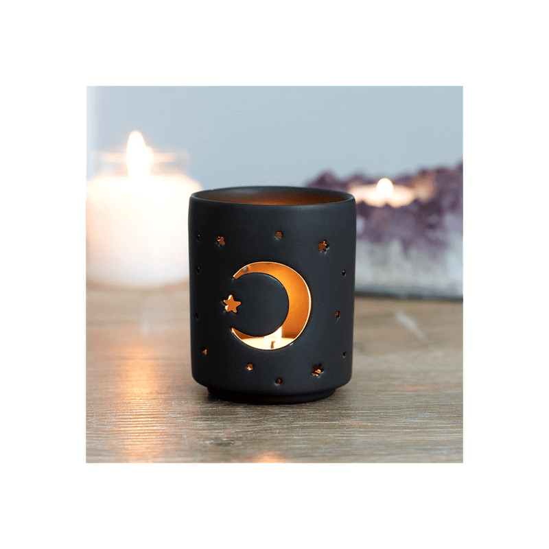 Small Black Mystical Moon Cut Out Tealight Holder - DuvetDay.co.uk