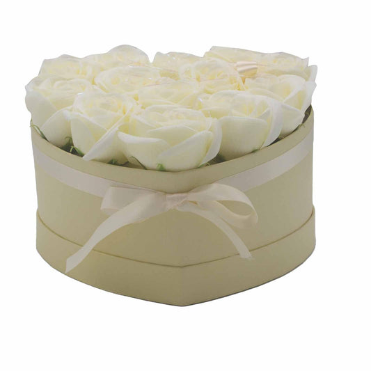 Soap Flower Gift Bouquet - 13 Cream Roses - Heart - DuvetDay.co.uk