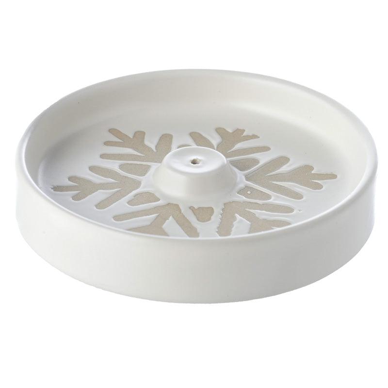 Stoneware Ash Catcher Incense Sticks & Cones Burner Dish - Christmas Snowflake White Glaze Relief - DuvetDay.co.uk
