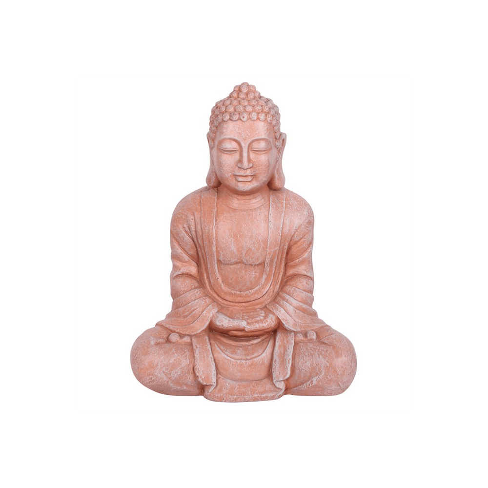 Terracotta Effect 58cm Hands In Lap Sitting Garden Buddha - DuvetDay.co.uk