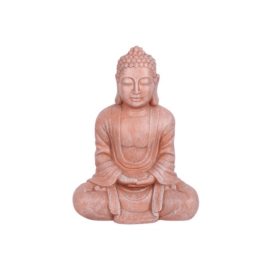 Terracotta Effect 58cm Hands In Lap Sitting Garden Buddha - DuvetDay.co.uk