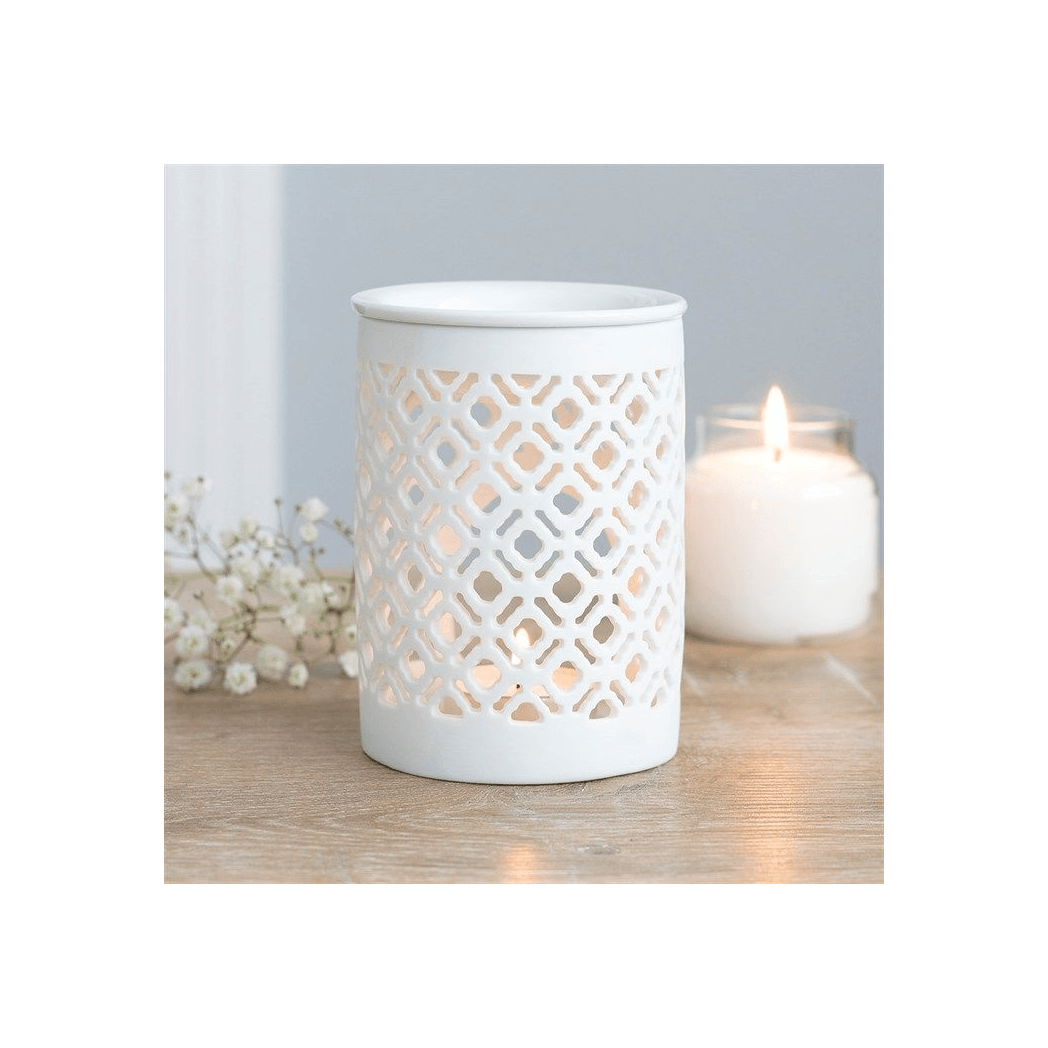 White Matte Lattice Cut Oil Burner - DuvetDay.co.uk