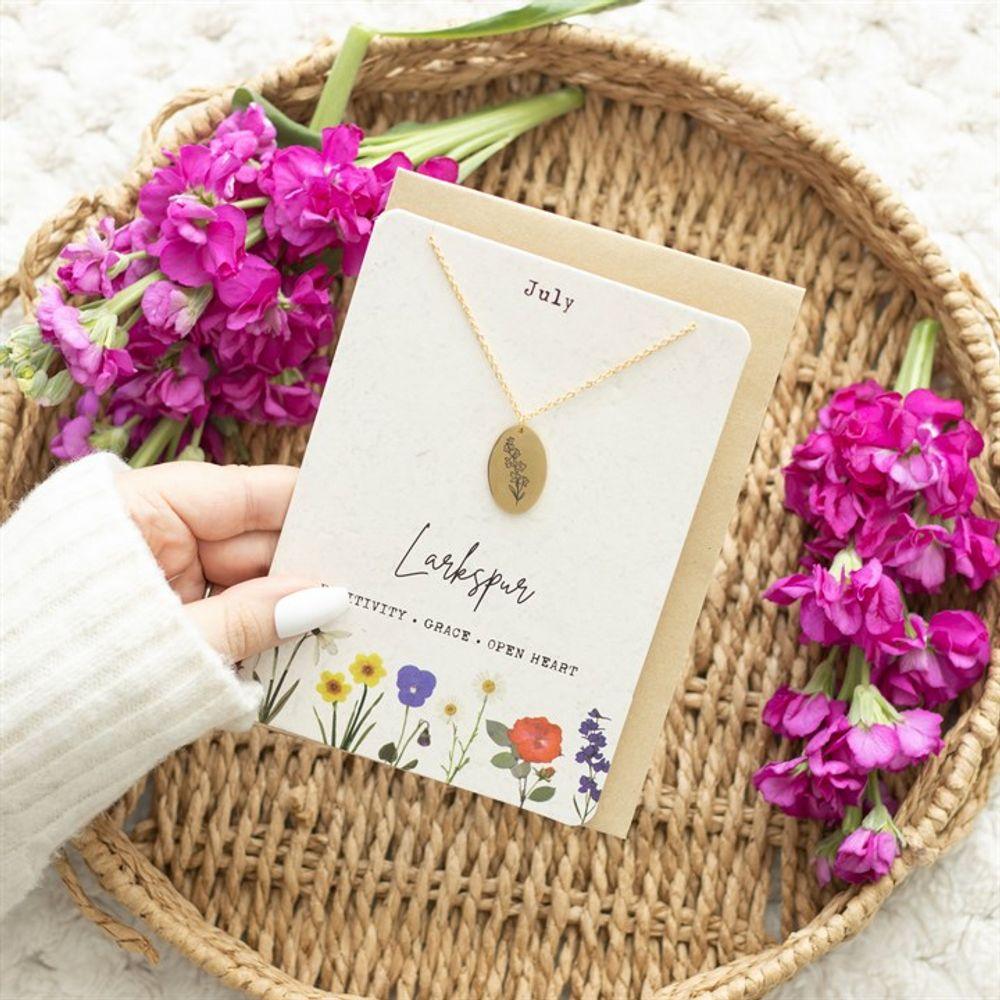 July Larkspur Birth Flower Necklace Card - DuvetDay.co.uk
