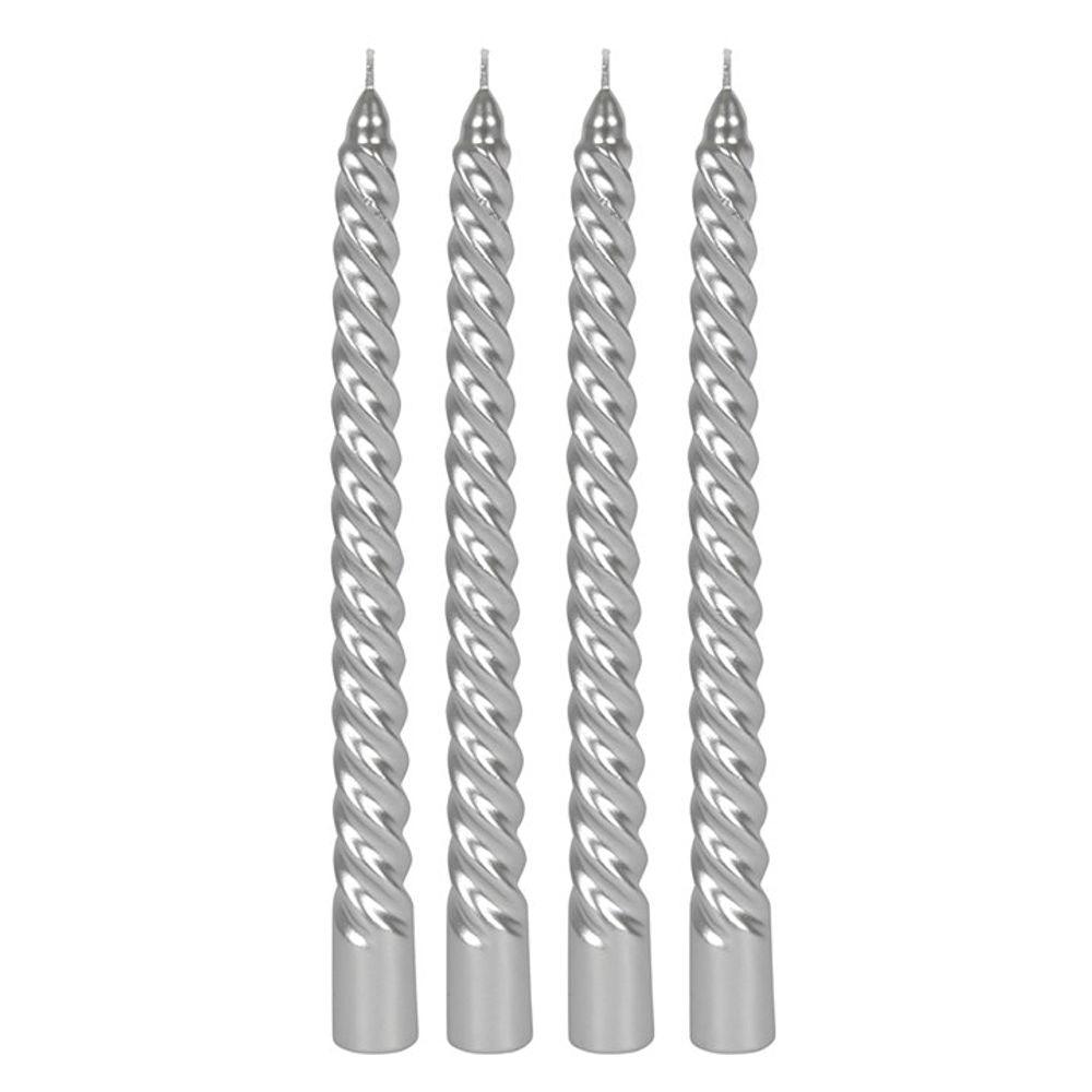 Pack of 4 Silver Twist Taper Candles - DuvetDay.co.uk