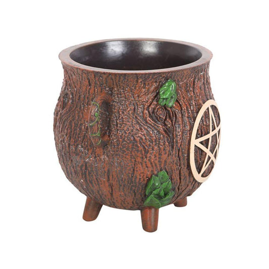 Pentagram Bark Effect Resin Cauldron Plant Pot - DuvetDay.co.uk