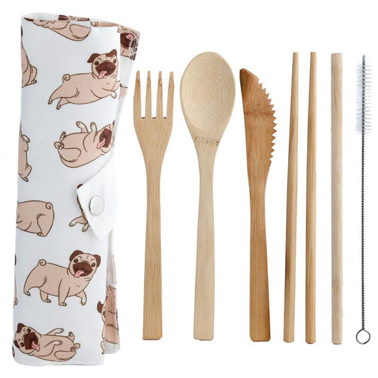 100% Natural Bamboo Cutlery 6 Piece Set - Mopps Pug - DuvetDay.co.uk