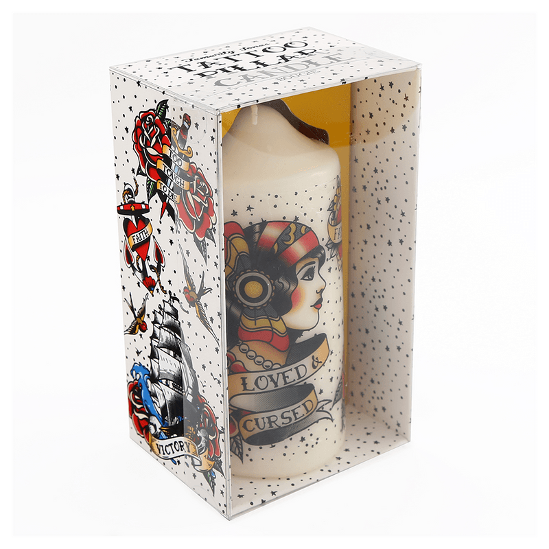 14cm Tattoo Pillar Candle - DuvetDay.co.uk
