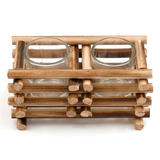 17cm Stacked Wood Double Tealight Holder - DuvetDay.co.uk