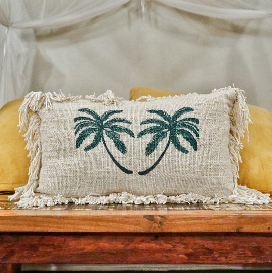 Linen Cushion 30x50cm Palm Tree with Fringe