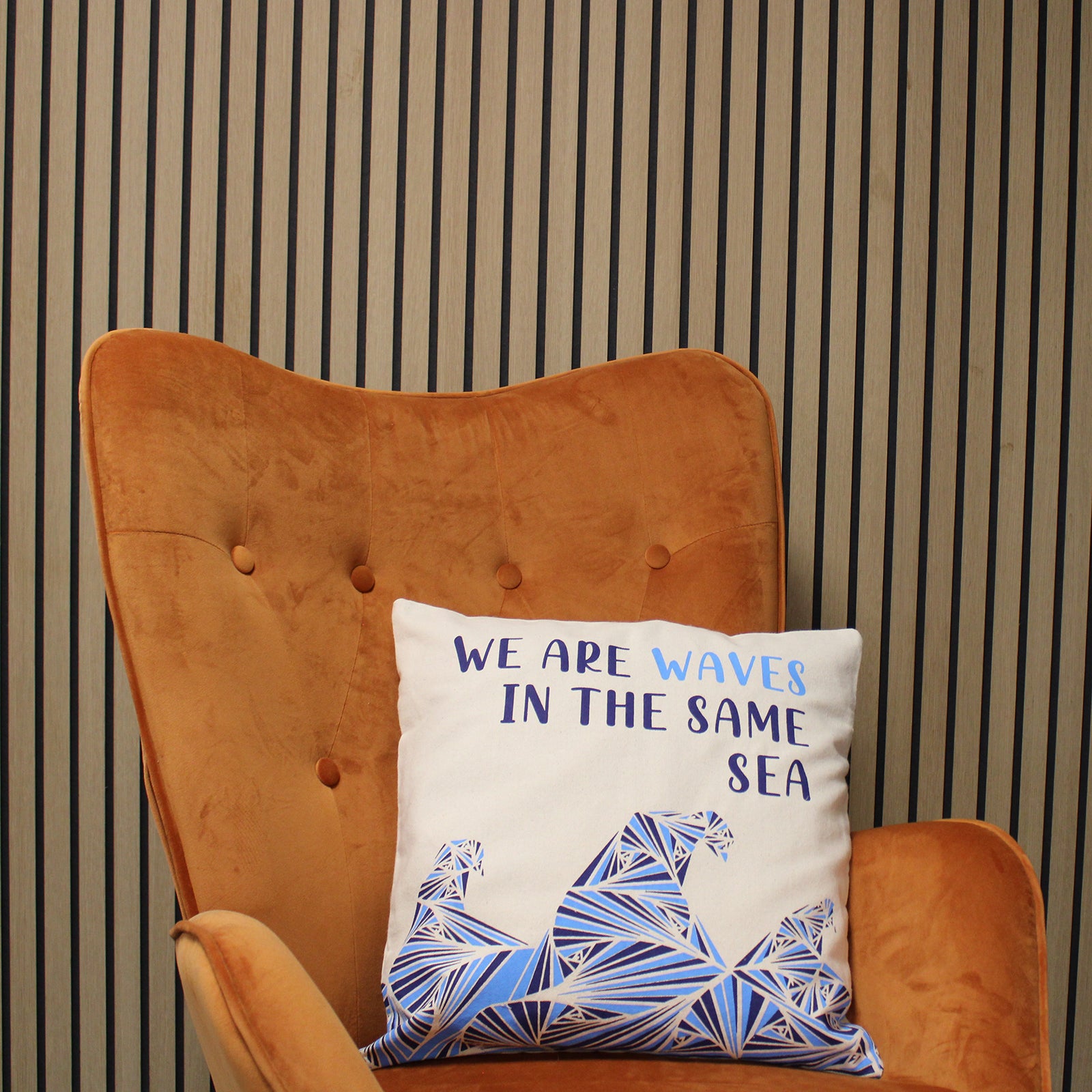 Printed Cotton Cushion Cover - We are Waves - Grey, Blue and Natural