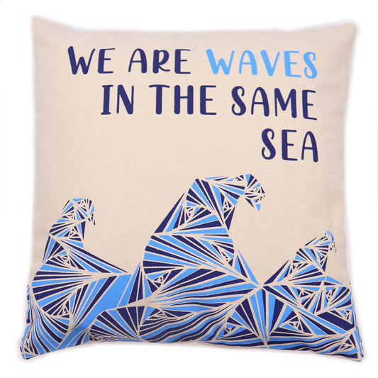 Printed Cotton Cushion Cover - We are Waves - Grey, Blue and Natural