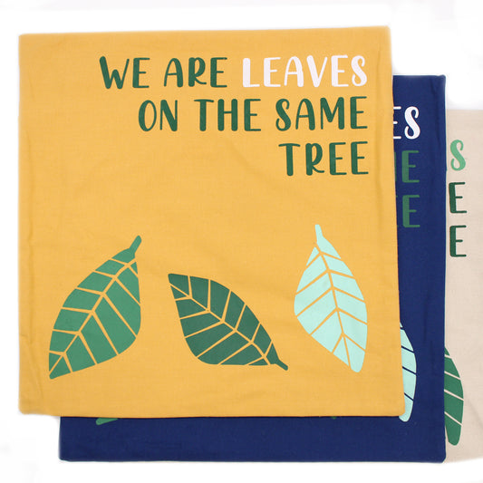 Printed Cotton Cushion Cover - We are Leaves - Yellow, Blue and Natural