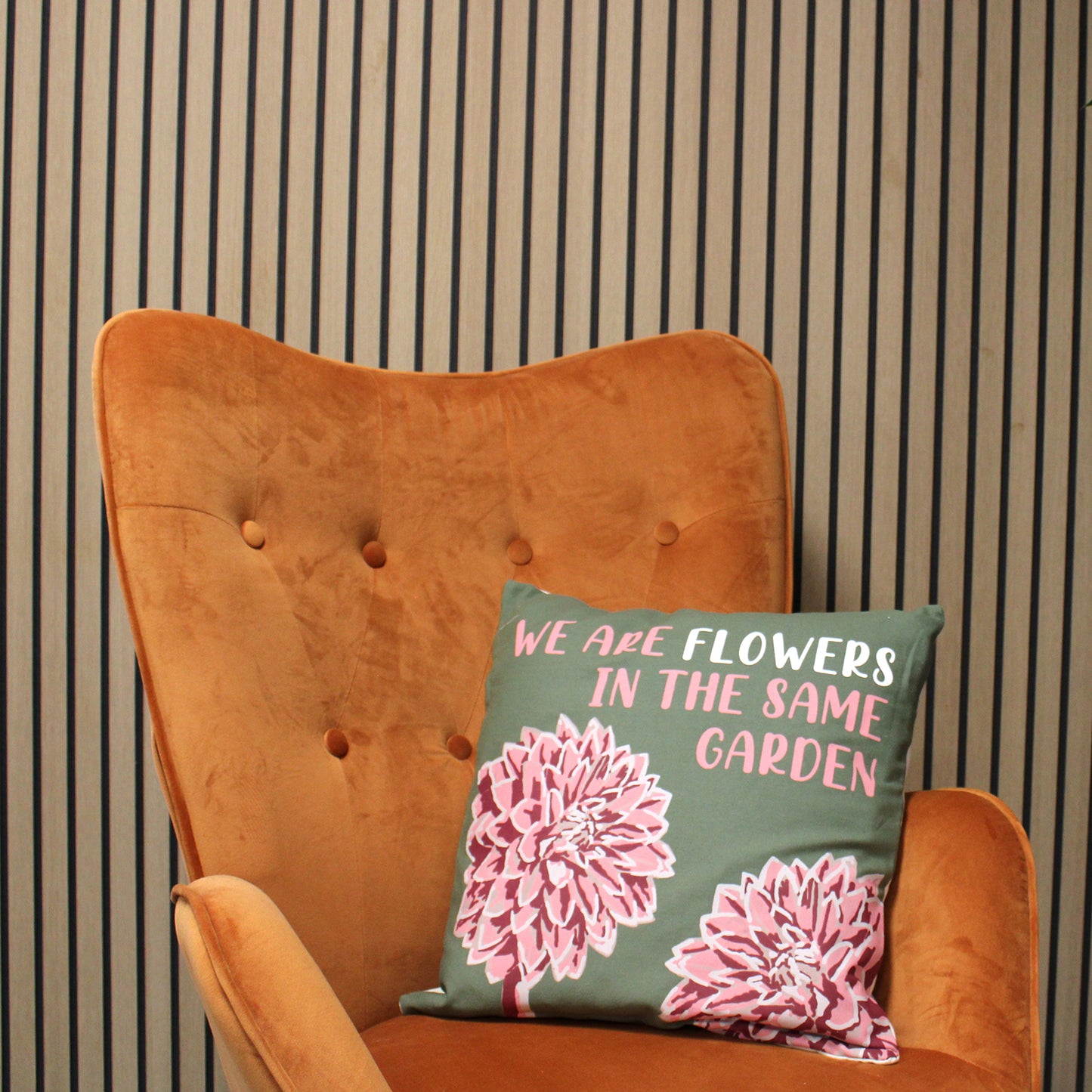 Printed Cotton Cushion Cover - We are Flowers - Olive, Pink and Natural