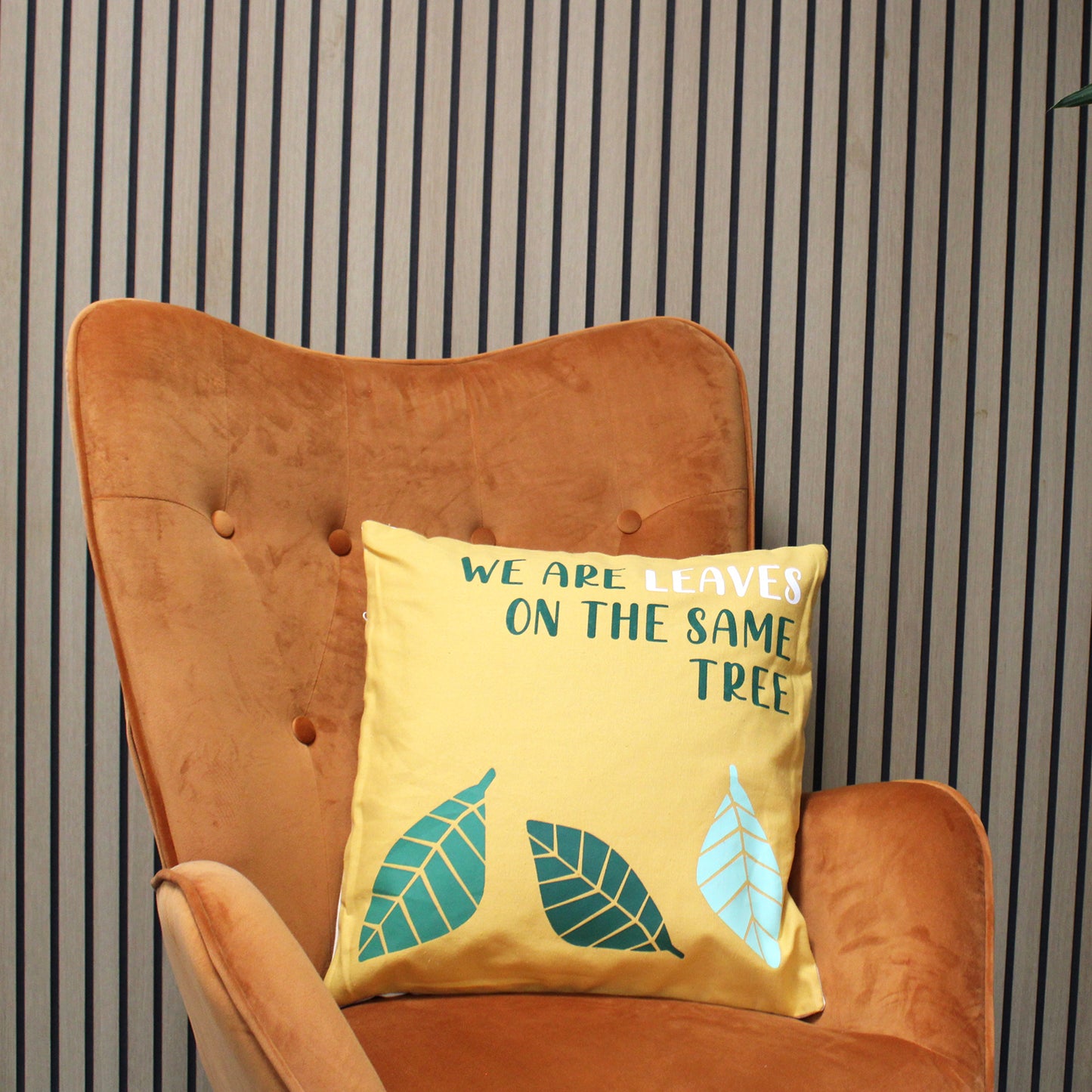 Printed Cotton Cushion Cover - We are Leaves - Yellow, Blue and Natural