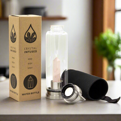 Crystal Infused Glass Water Bottle - Rejuvenating Rose Quartz - Obelisk