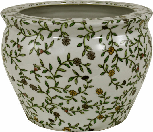 Ceramic Planter, Vintage Green & White Floral Design