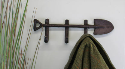 Rustic Cast Iron Wall Hooks, Garden Spade Design With 3 Hooks