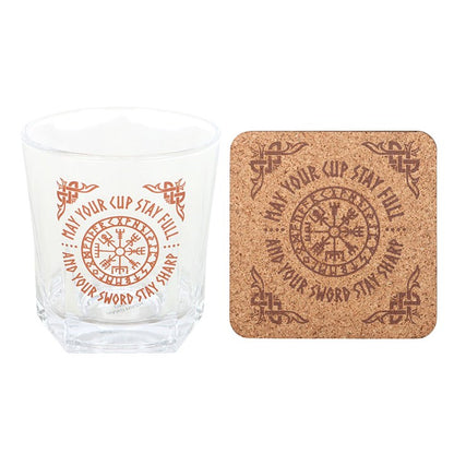Viking Compass Lowball Drinking Glass with Coaster