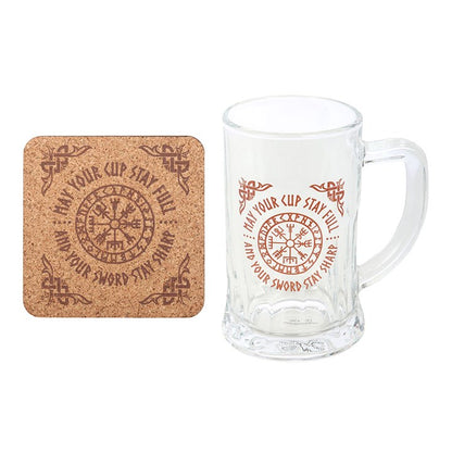 Viking Compass Glass Beer Tankard with Coaster