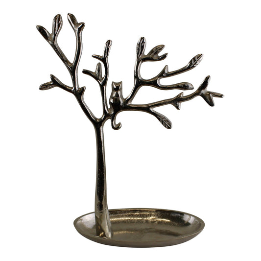 Silver Metal Tree With Cat Jewellery Stand