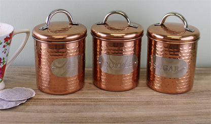 Hammered Copper Set of 3 Tea, Coffee & Sugar Canisters