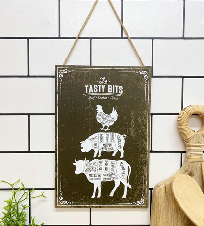 The Tasty Bits Wooden Hanging Plaque in Brown