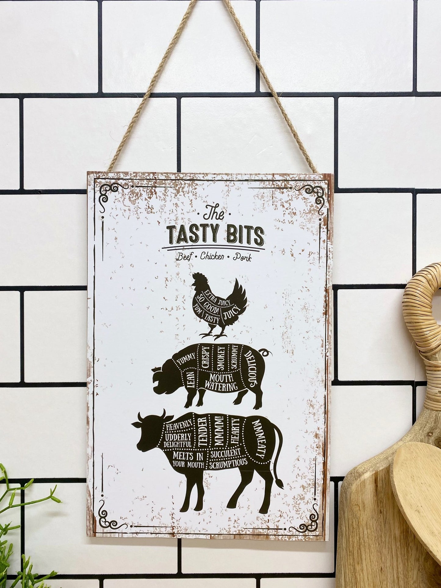 The Tasty Bits Wooden Hanging Plaque in White