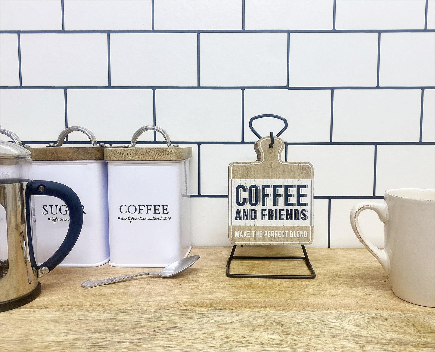 Set of Six Coffee Slogan Coasters On Metal Stand