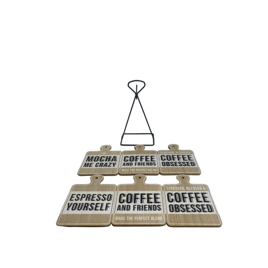 Set of Six Coffee Slogan Coasters On Metal Stand