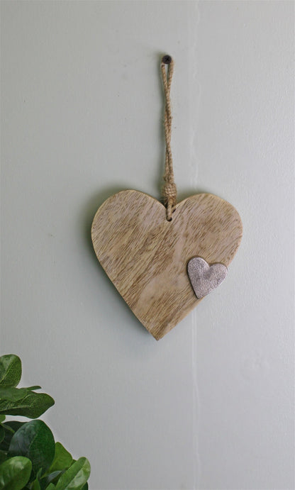 Wooden Hanging Heart Ornament with Silver Heart