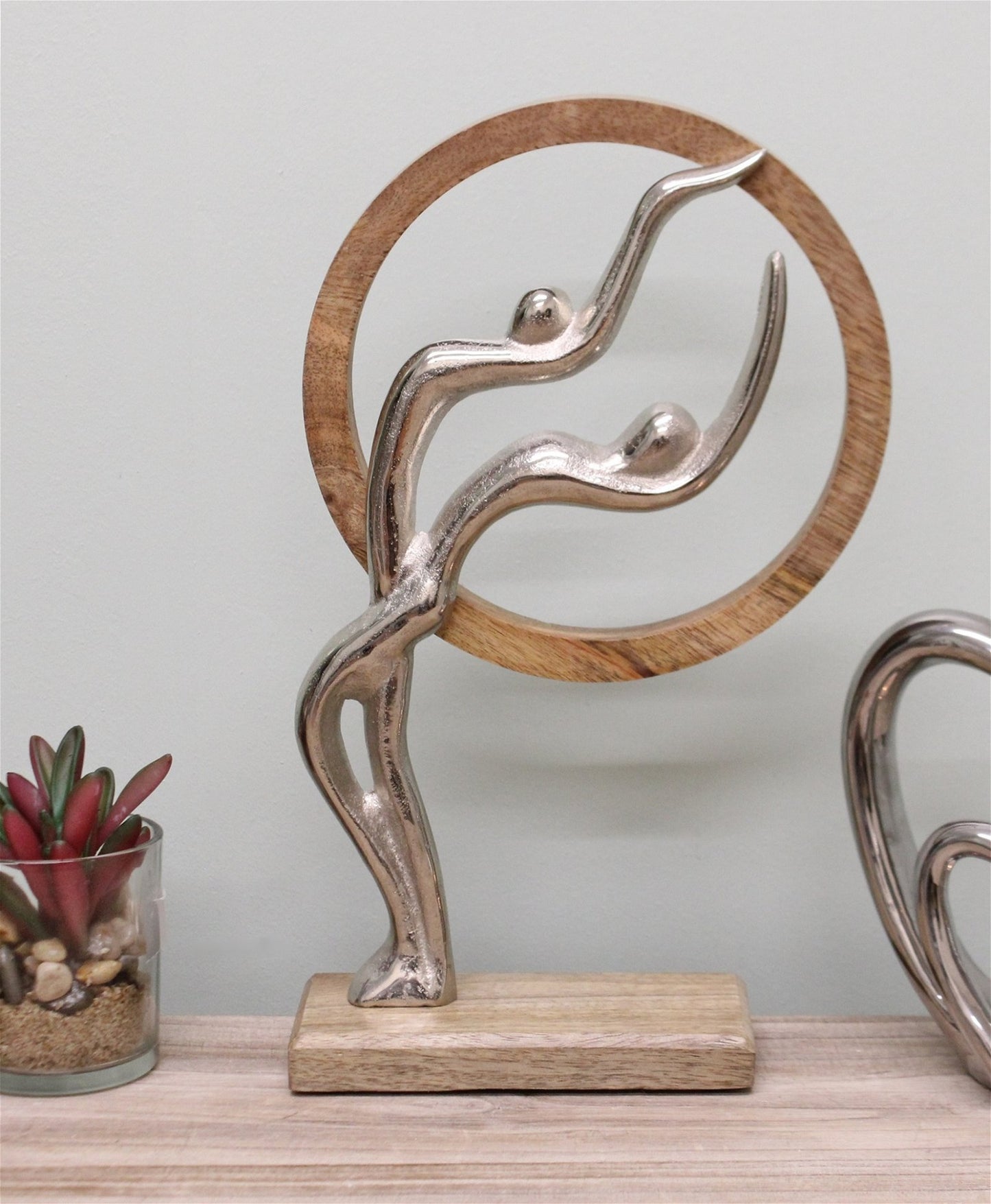 Abstract Ornament, Silver Couple In Wooden Circle, 31cm.