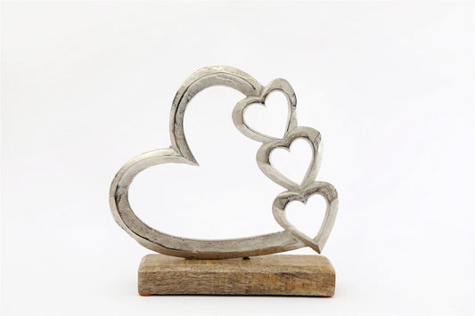 Metal Silver Four Heart Ornament On A Wooden Base Medium
